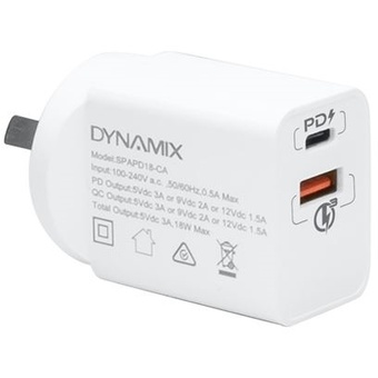 DYNAMIX 18W PD USB-C + QC3.0 USB-A Universal Compact USB Wall Charger.
