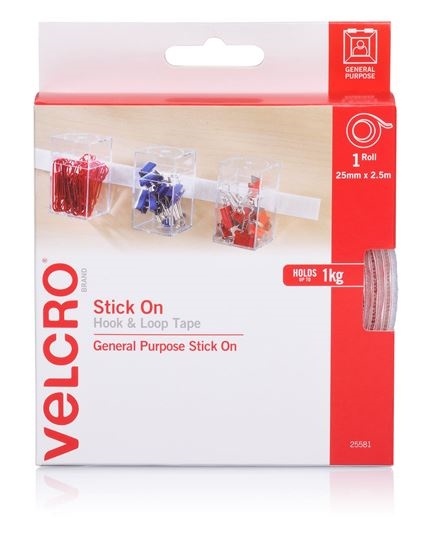 VELCRO Stick On Hook & Loop Roll/Tape (25mm x 2.5mm, White)
